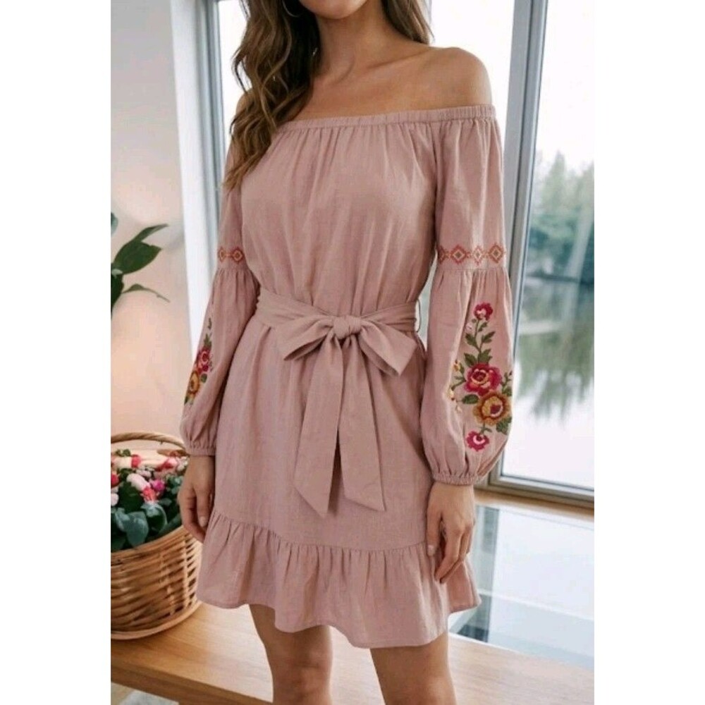 Feathers Dress Size L Pink Embroidered Floral Sleeves Tie Ruffle 100% Rayon